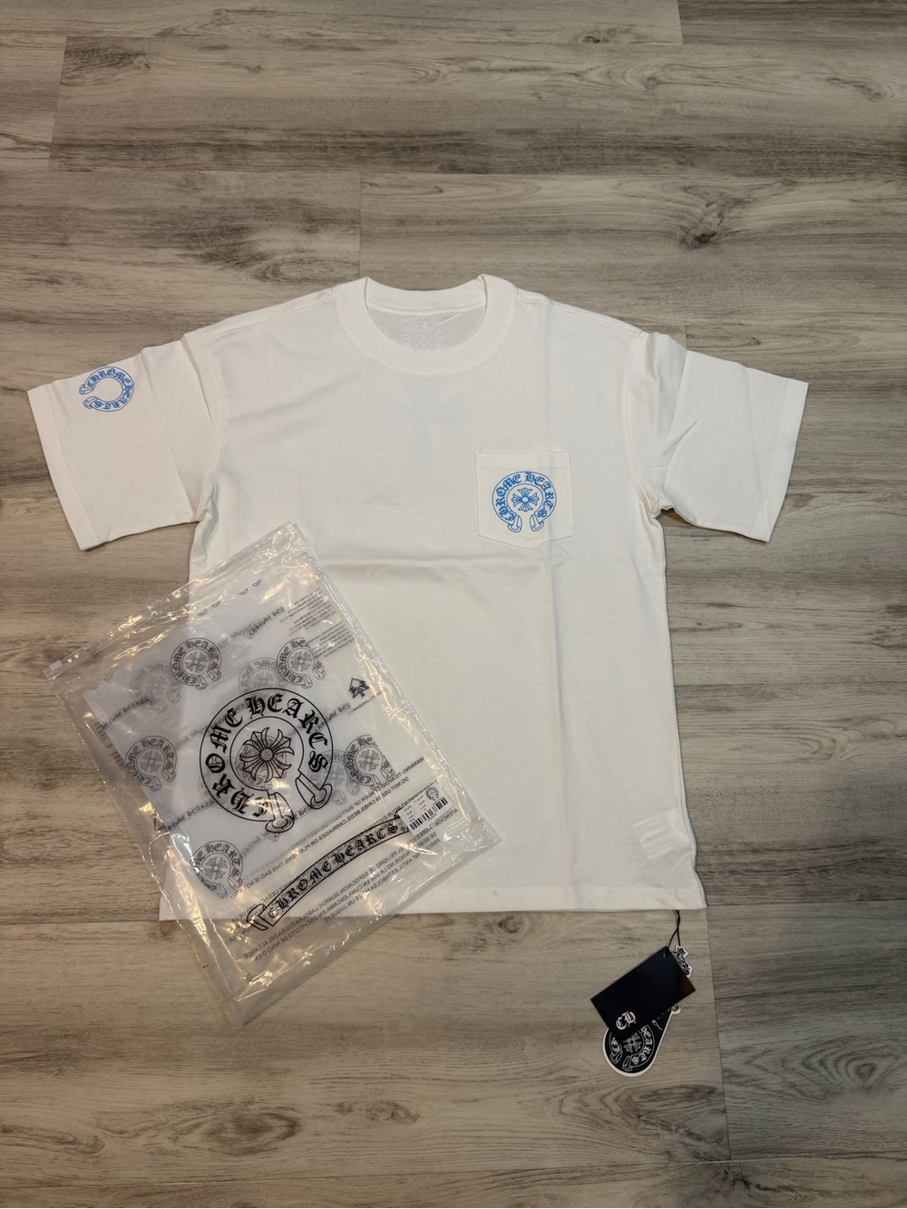 Chrome Hearts White Short Sleeve Pocket Tee with Light Blue Logo